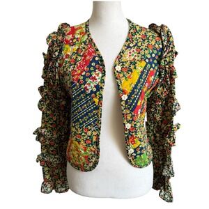 VTG 70s Quilted Patchwork Jacket XXS/XS Cottage Prairie Boho Ruffle Sleeve